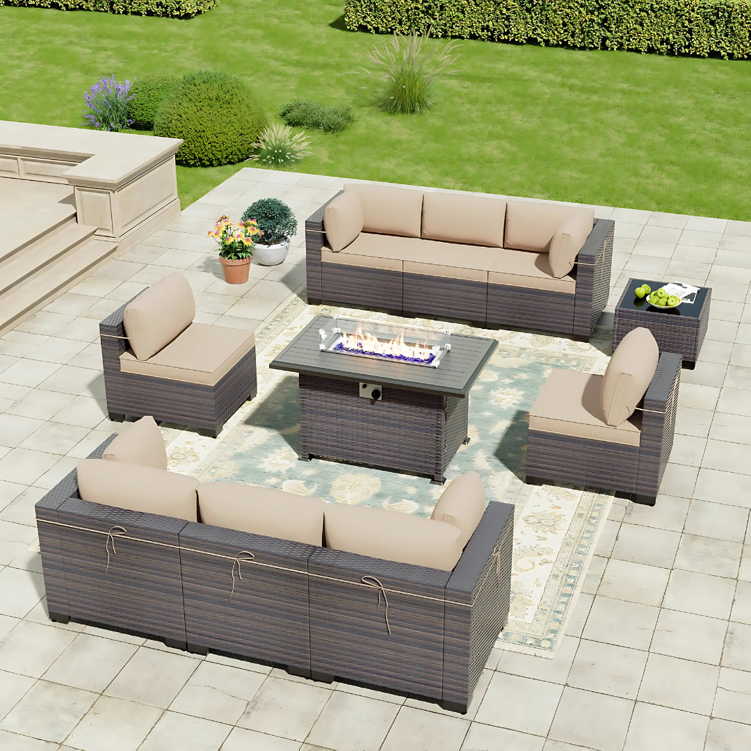 9-Seater Outdoor Rattan Sofa Set with Fire Pit Table alternate view